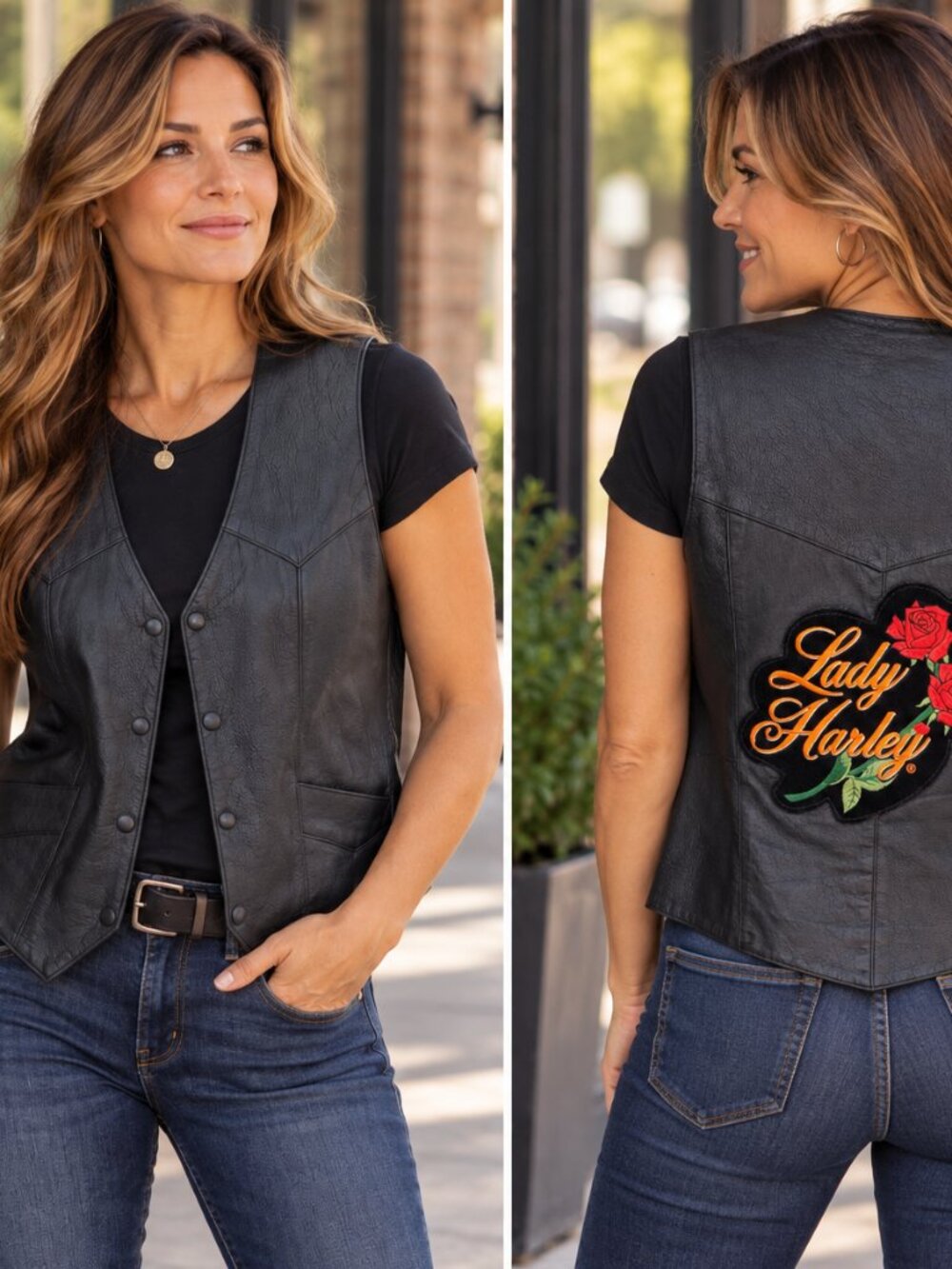 Vintage Wilda Genuine Leather Women's Biker Vest Black Lady Harley Patch Large